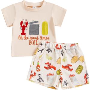 Madjtlqy Toddler Baby Boy Summer Clothes Short Sleeve T Shirt Top Casual Shorts Set Cute Infant Boys Shorts Set (6-12 Months, Beige Eat Crayfish)