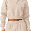 QINSEN Womens Half Zip Crop Sweatshirt High Neck Long Sleeve Pullover Cropped Top (Large, Beige)