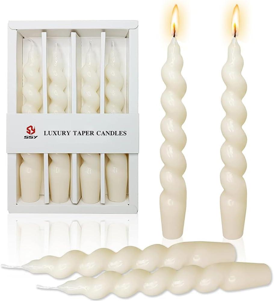 Ivory Spiral Taper Candles Set of 4, 7.5 Inch Handmade Candle Stick, Unscented Twisted Candles, Tapered Candles for Wedding Dinner Table Home Decor Gift