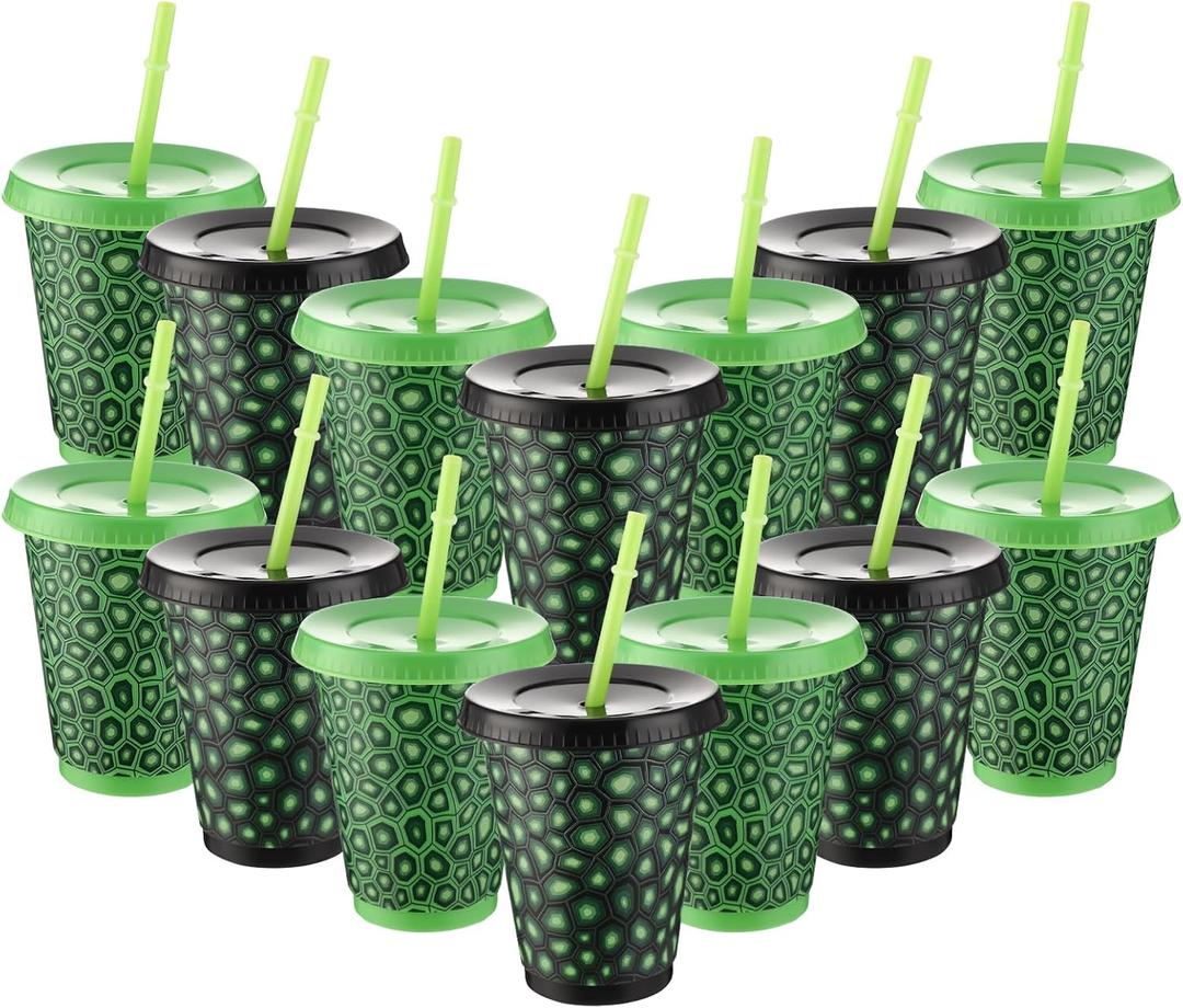 Tioncy 12 Pcs Turtle Cups Bulk 16 oz Birthday Party Favors with Straws and Lids Turtle Themed Green Tumbler Disposable Reusable Plastic Cups for Party Favors