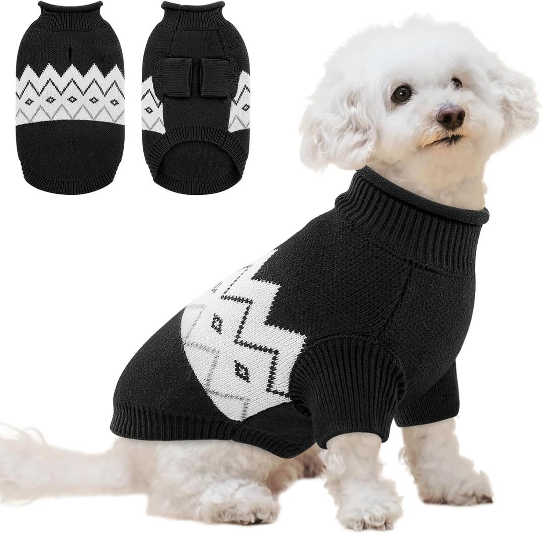 Queenmore Warm Dog Sweater, Soft Pet Knitwear, Knitted Pullover, Winter Pet Clothes for Small Medium Dogs Cats (Black), S
