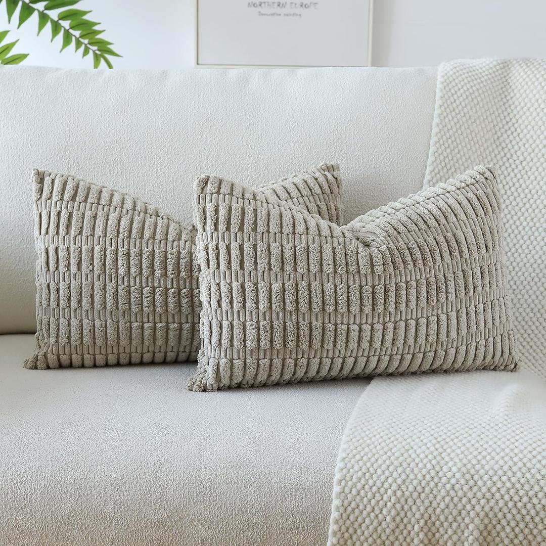 OTOSTAR Pack of 2 Soft Corduroy Decorative Throw Pillow Covers 16 x 24 Inch Boho Striped Pillow Covers Lumbar Cushion Case Couch Pillowcases for Sofa Bed Home Decor (Taupe)