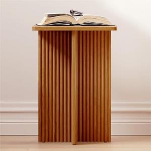 Square Fluted Accent Side Table - Pedestal Drink Desk - Modern Home, Bedroom, and Living Room Furniture - Small End Table with Solid Wood X-Base and Wood Veneer Top (Medium Oak)
