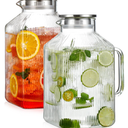 1 Gallon thickened Square Glass Pitcher with Lid, Classic Stripes Water Pitchers for Fridge, Borosilicate Glass Carafe for Hot/Cold Brew Drink, Extra Large Jug with Handle for Iced Tea, Coffee, Juice
