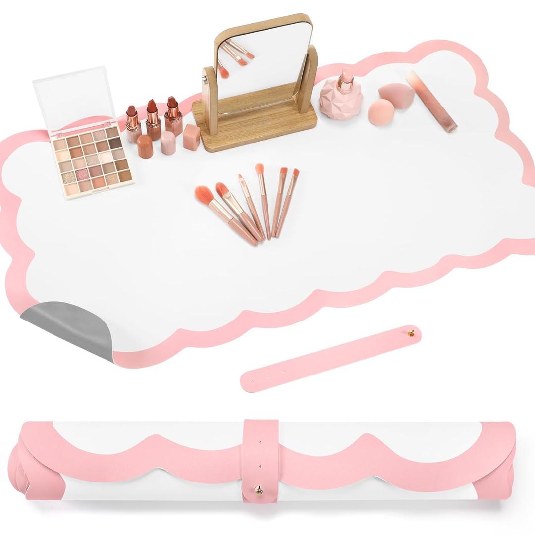Teenyyou Makeup Mat for Vanity Protect Scalloped Makeup Mat Vanity Cover Top 2026 Graduation Gifts Dual-sided Dressing Table Pad Waterproof Mouse Pads for Dormitory Desk Desktop Table(Pink Edge)