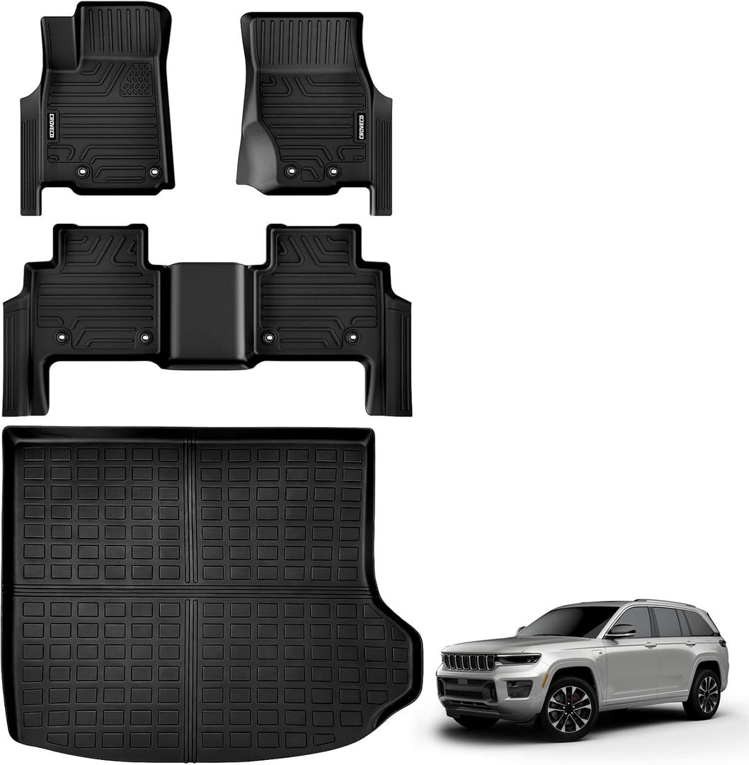 Floor Mats & Cargo Liner for 2022-2026 Jeep Grand Cherokee 5 Seats | TPE All Weather Floor Liners & Cargo Mat 4pcs Full Set Grand Cherokee Accessories Black
