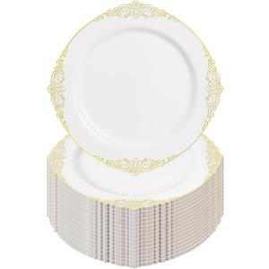 Goodluck 100PCS White and Gold Plastic Plates  10.25 Heavy Duty Disposable Dinner Plates & Party Plates for Weddings, Parties, Events  Elegant, Sturdy