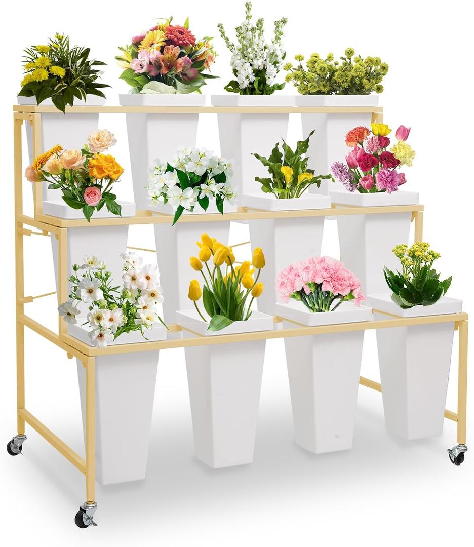 Flower Display Stands with Buckets, 3-Tier Rolling Plant Stand with Locking Wheels - Heavy Duty Metal Flower Cart for Indoor/Outdoor Use, Wedding Decor & Florist Displays (Holds 12 Pots) (Gold)