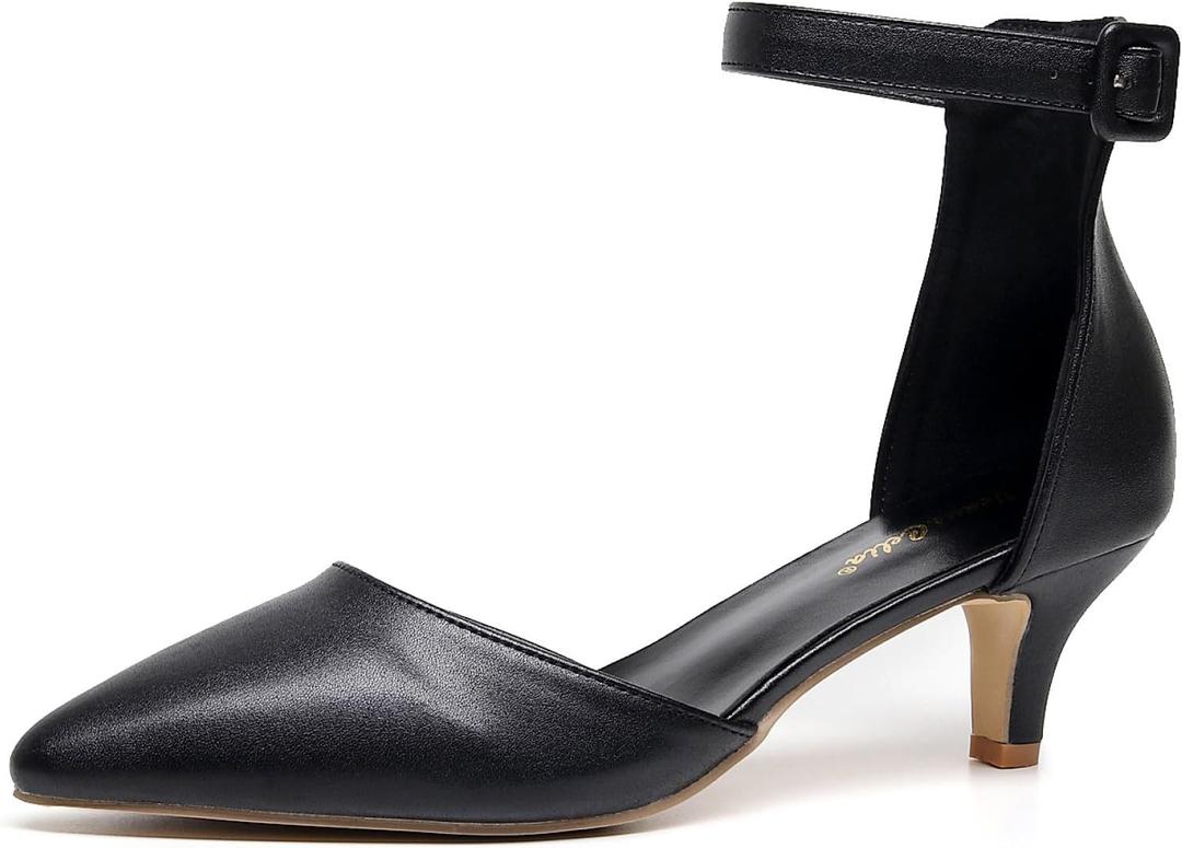 VenusCelia Women's Easy Going Strap Pump Kitten Heel Shoe (Size 8.5, Black)