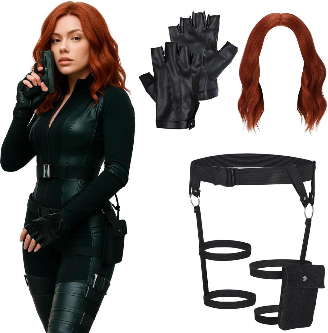 5 Pcs Halloween Black Spider Costume for Women Assassin Red Wig Hairnet Black Gloves Belt Stocks Spy Accessories for Halloween Cosplay