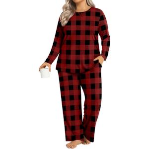 Plus Size Women's Pajamas Sets 2 Piece Long Sleeve Pj Sleepwear Soft Comfy Tops and Pants with Pockets (3X-Large, Red Plaid)