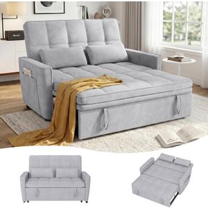 tiramisubest 54'' Sleeper Sofa Bed, Convertible Pull Out Couch Futon for for Living Room,Apartment (Grey, Loveseat) Side Pockets, Velvet Fabric, Adjustable Backrest, Pull-Out Bed, Easy Assembly