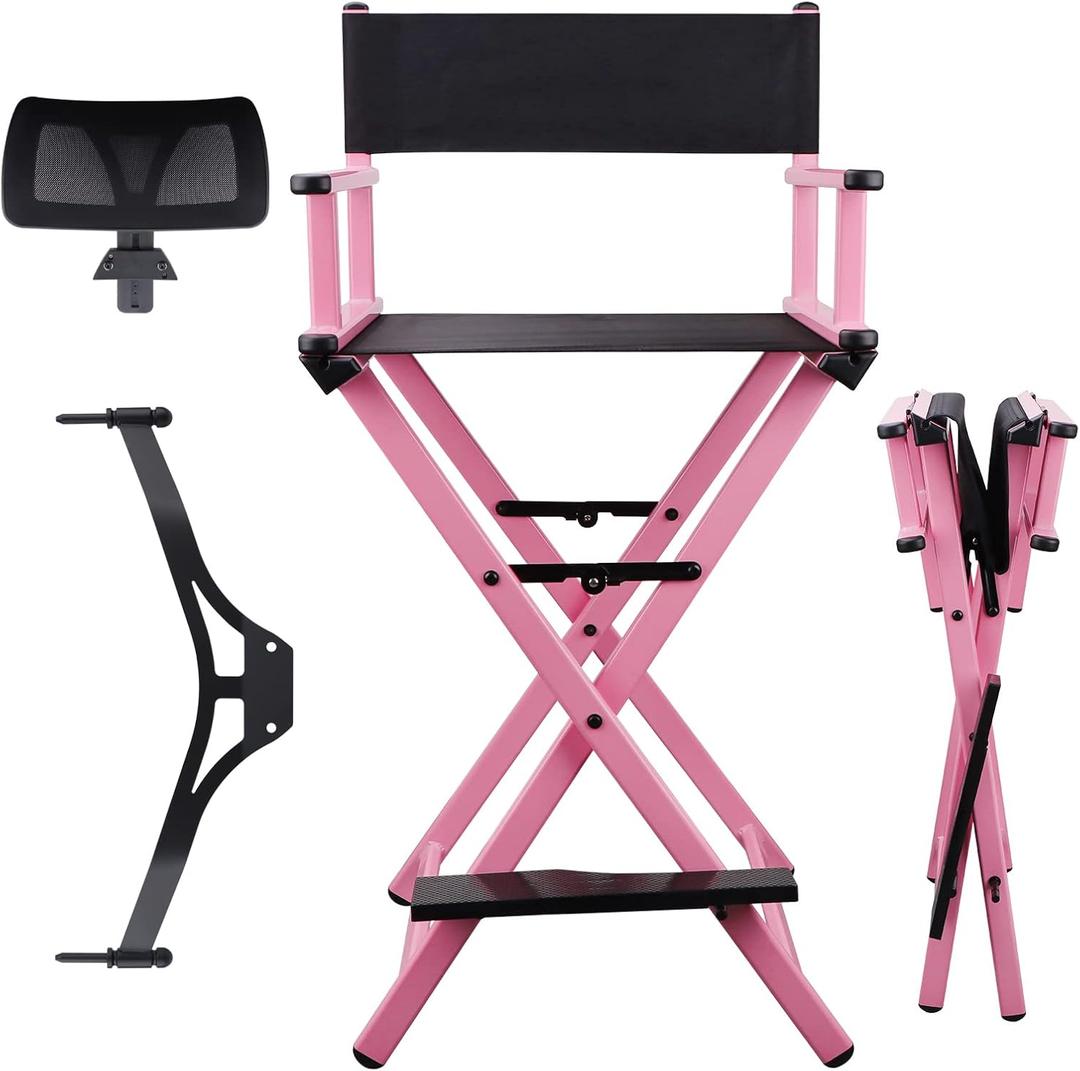 Lorvain Folable Makeup Artist Stool Chair, Protable Tall Folding Directors Chair, Aluminum Makeup Chair with Head Rest for Studio Salon Vanity, Bar Height - Pink Chair (Pink)