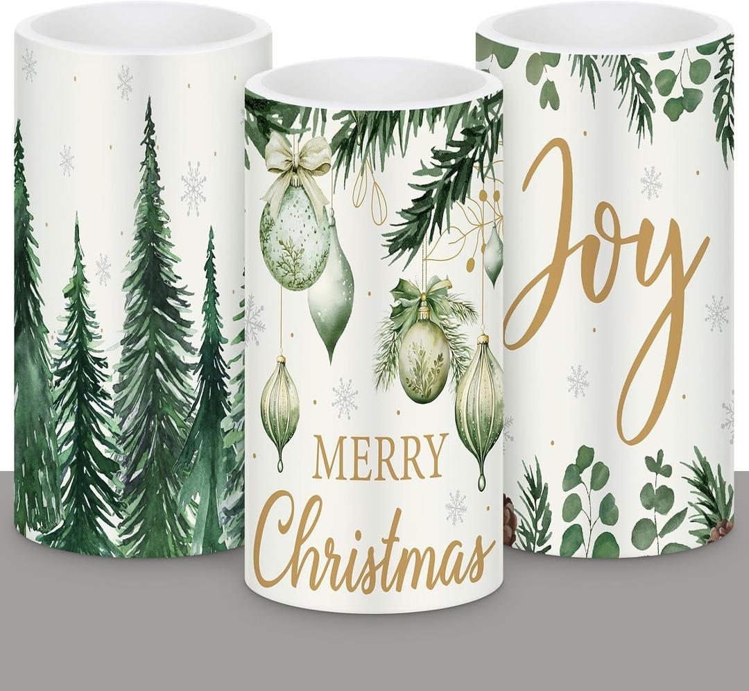 Retisee 3 Pcs Green Christmas Flameless Candles Pine Christmas Battery Operated LED Candles with Remote Green Xmas Decorations Centerpiece for Holiday Bedroom Living Room Xmas Home Decor