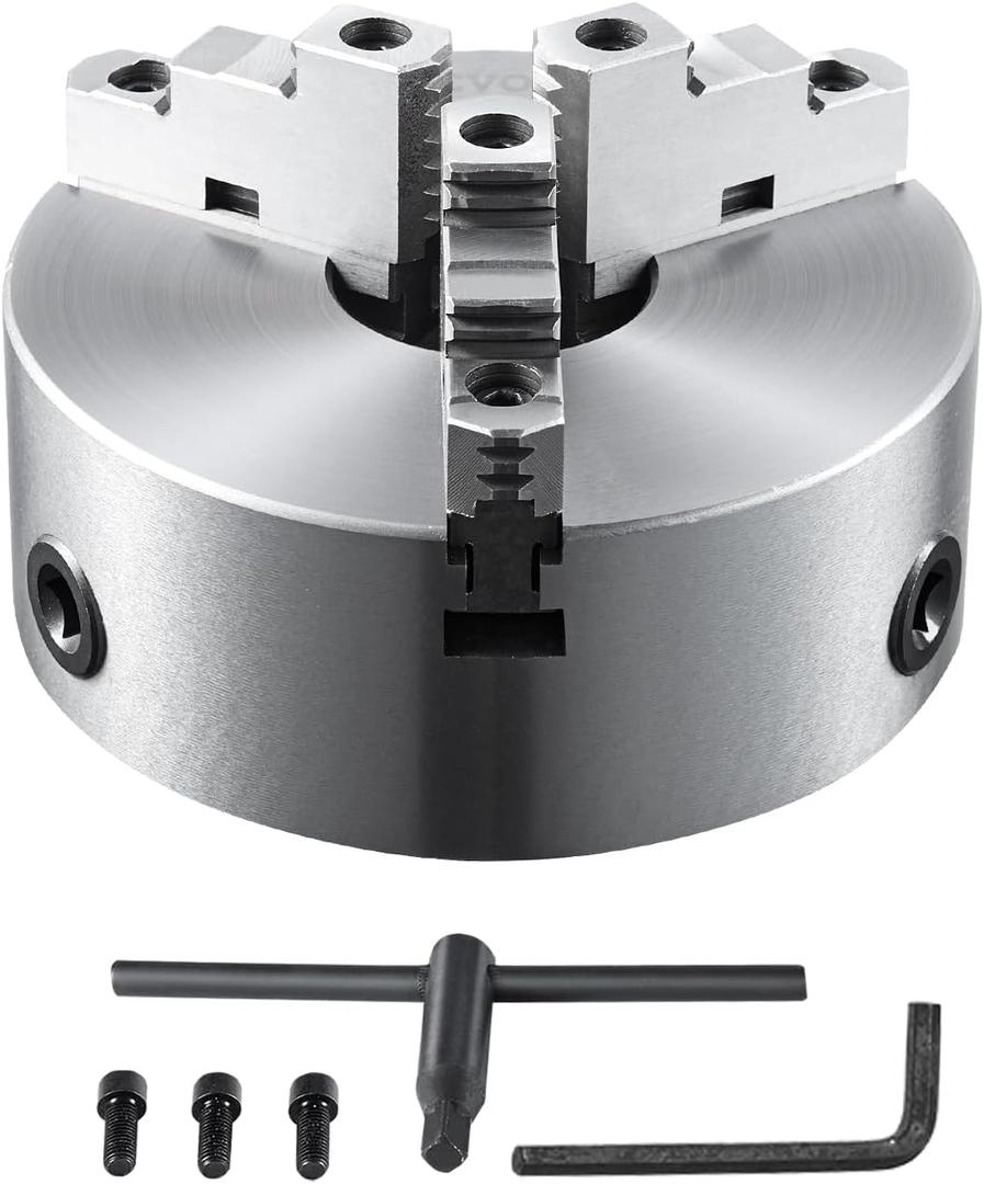 VEVOR 3-Jaw Lathe Chuck, 8'', Self-Centering Lathe Chuck, 0.16-8 in/4-200 mm Clamping Range with T-key Fixing Screws Hexagon Wrench, for Lathe 3D Printer Machining Center Milling Drilling Machine