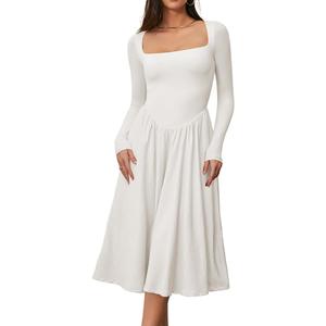 CHYRII Women Spring Fashion 2025 Square Neck Long Sleeve Casual A-Line Midi Dress (White), X-Small