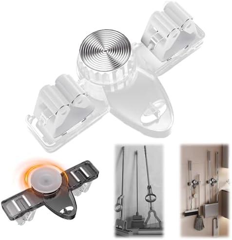 Broom Holder Mop Hanger Wall Mount, No Drill Suction Cup Mop and Broom Organizer with Hooks, Space Saving Adjustable Rack Removable Mop Clip for Bathroom, Kitchen, Garage, Laundry Room (White) (2 PACK)