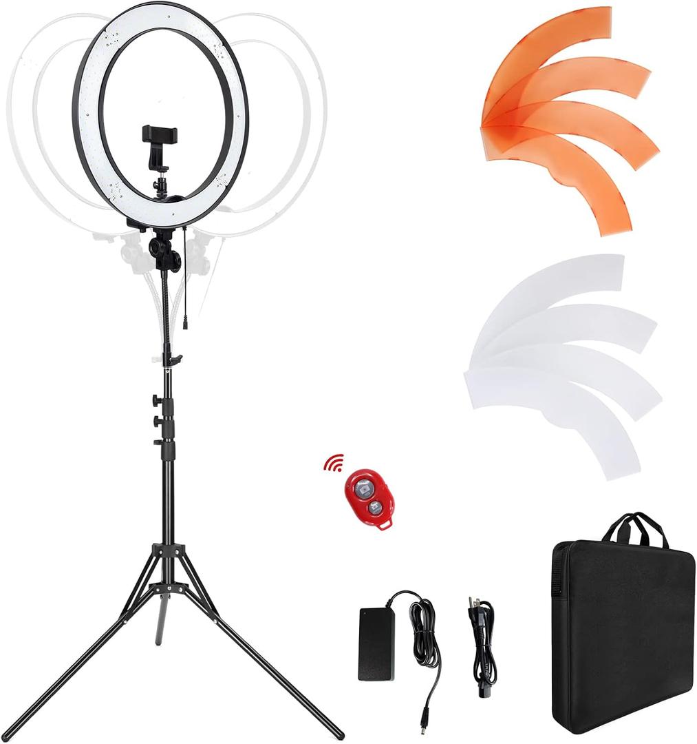 18-Inch Ring Light, 55W Dimmable 5500K Light with 240 LEDs Color Filter, Soft Tube and Carrying Bag for YouTube, TikTok, Selfies and Photography, Compatible with Camera and Smartphones