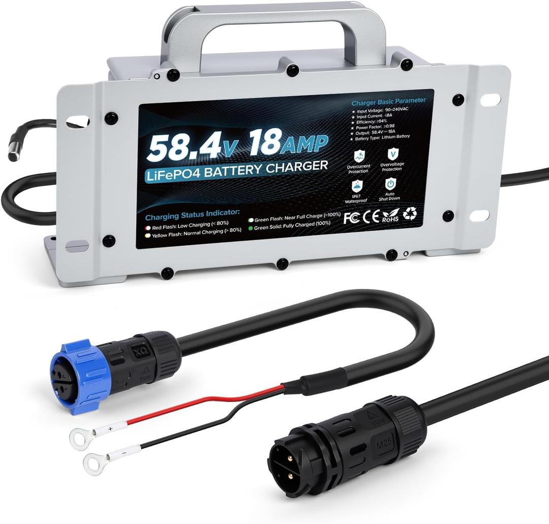 48 Volt 18A Lithium Battery Charger 0V Wake Up & 1250W Fast Charging with 2 Mounting Ways 58.4V LiFePO4 Charger IP67 Waterproof,7 Protections, for 48V(51.2V) Golf Cart/Forklift/RV/Boat LiFePO4 Battery