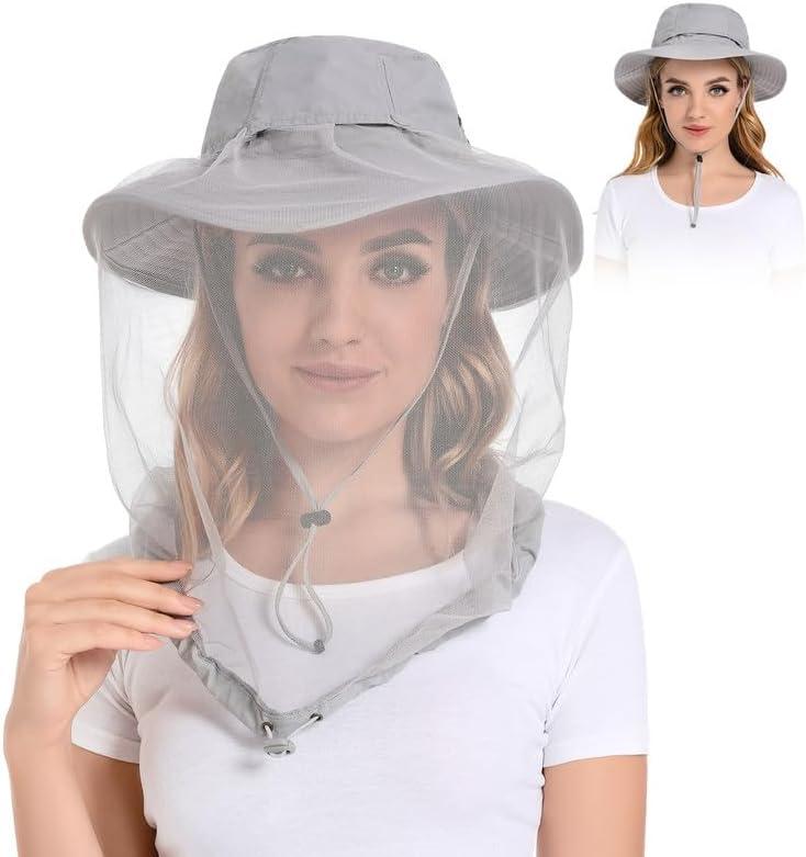 Mosquito Head Net Hat - Bug Cap UPF 50+ Sun Protection with Hidden Netting for Beekeeping Hiking Men & Women (7 1/2, Light Grey)