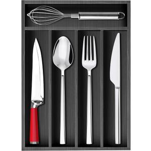 Ayiaren Small Kitchen Silverware Organizer Wooden Utensil Drawer Organizers Narrow Flatware Tray Wood Flatware Organizer for Drawer Spoon Organizer Black Utensil Holder Drawers Bamboo Silverware Tray (13" x 9")