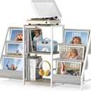 Record Player Stand with Vinyl Storage, Record Player Table with Record Storage 200 Albums, Turntable Stand with Record Holder Vinyl Display Shelf, Record Cabinet Media Stereo (Two-side storage-White&Grey)