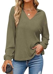 KIRUNDO Long Sleeve Shirts for Women 2025 Fall Fashion Outfits Going Out Tops Collar V Neck Blouses Ribbed Knit Loose Tunic(Army Green, X-Large)