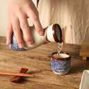 Ceramic Sake Set 5pcs Japanese Traditional Sake Set with 1 Sake Pot 4 Sake Cups Japanese Saki Cup Tokkuri Bottle Ochoko Carafe Soju Home Decoration Gift with Serving Bamboo Tray Wavy Pattern