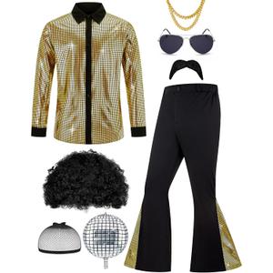 70s Disco Outfit for Men 70s Costume with Retro Shirt Bell Bottom Pants Wig Sunglasses Necklace Mustache (Black, XXXL)