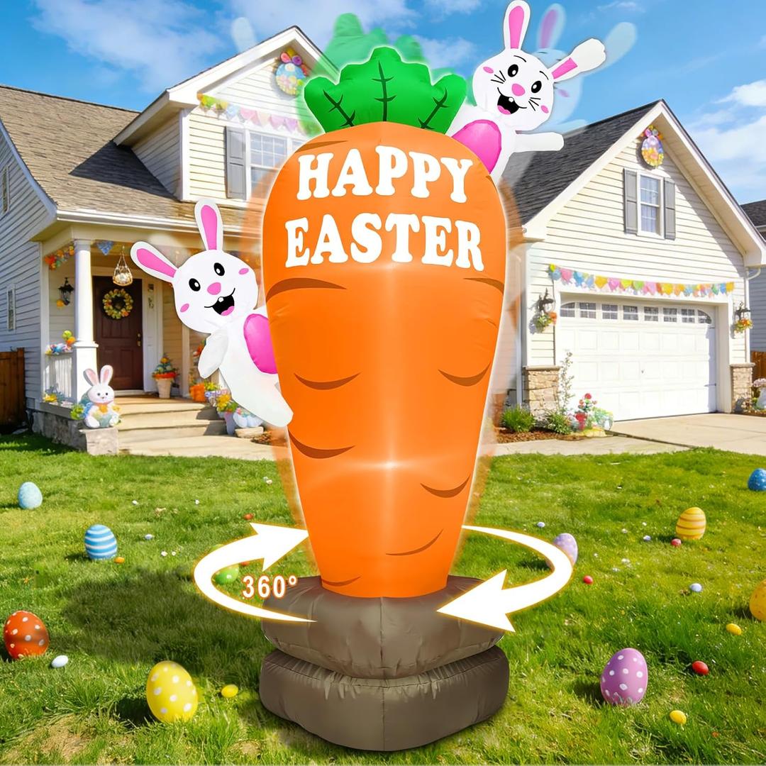 [ Rotatable Bunny Carrot ]6Ft Lighted Easter Inflatable Outdoor Decorations, Blow Up Bunny with Built-in 4 LED Lights,Easter Blow up Yard Decorations for Indoor Outdoor Garden Lawn Holiday Party Decor
