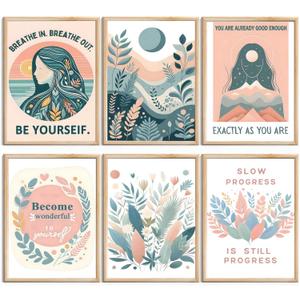 Huatsing 6Pcs Pink Motivational Wall Art Inspirational Women poster pint boho Abstract Botanical Floral pictuer painting for Home Office and Classroom wall deocr 12×16 in(Poster)