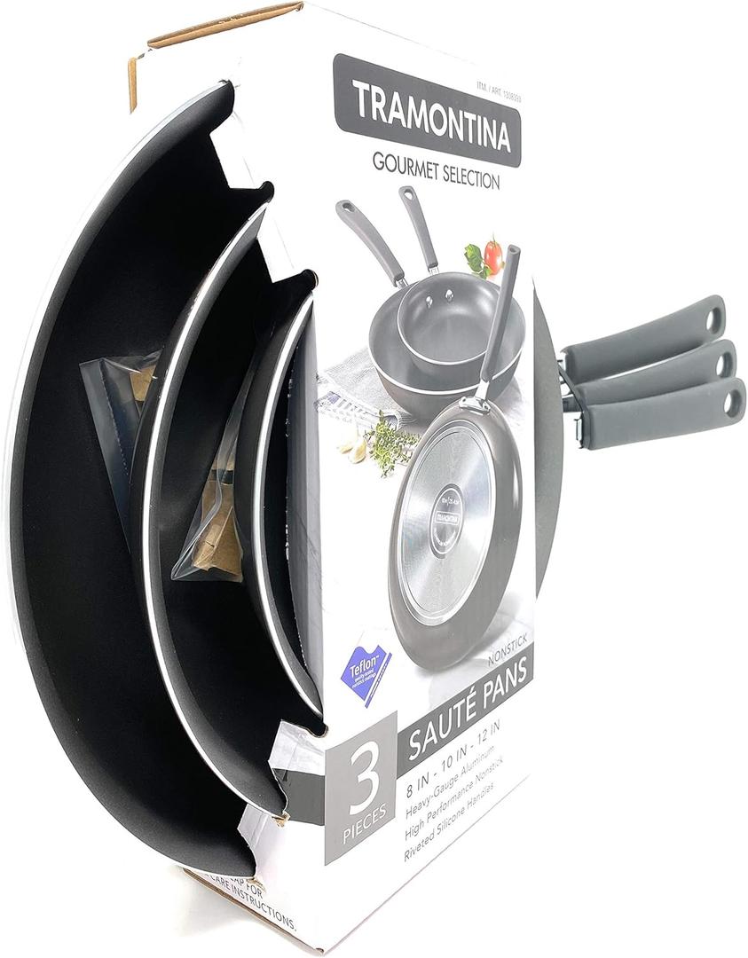 Tramontina Gourmet Selection 3 Piece Set Nonstick Saute Pans (8", 10" & 12") Heavy-Gauge Aluminium High Performance Nonstick Riveted Silicone Handles (Metallic Black)