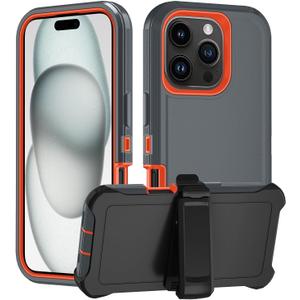 Case for iPhone 16 Pro Max(2024), 3-Layer Super Full Heavy Duty Rugged Case Belt Clip Holster Kickstand Protective Case Cover for iPhone 16 (Black Orange with Clip, iPhone 16 Pro Max)