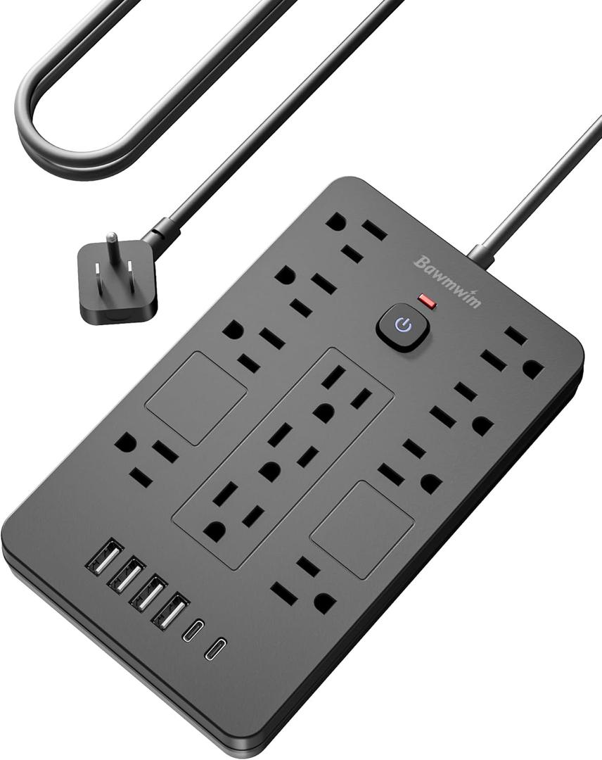 Surge Protector Power Strip - 11 Outlets(1850W/15A) with 6 USB Ports(2 USB C), 10FT Flat Plug Extension Cord, Wall Mount, Black, ETL Listed for Home, Dorm Room