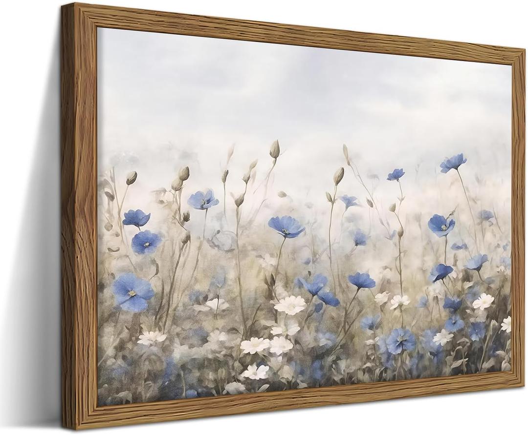Vintage Floral Wall Art, Blue White Wildflower Botanical Canvas Wall Decor, Nature Landscape Artwork Painting, Rustic Farmhouse Flower Prints Pictures for Bedroom Living Room 16x24 Inch Framed
