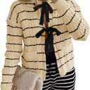 Saodimallsu Womens Striped Tie Front Cardigan Sweaters Crew Neck Long Sleeve Cable Knit Bow Knot Trendy Sweater Tops (Small, Beige)