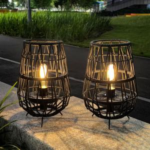 TRIROCKS Set of 2 Solar Lantern Outdoor Table Lamp Outside Hanging Solar Lights with Olefin Rope Waterproof Rattan Outside Deck Light for Patio Garden Lawn Yard (Black)