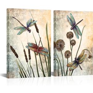 LoveHouse Dragonfly Wall Art Vintage Insect Painting Pictures Prints Beige Dandelion on Canvas Artwork