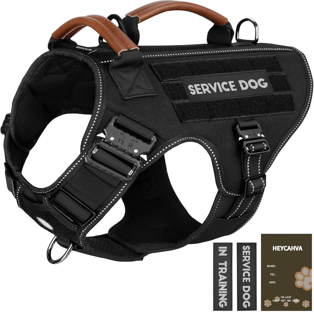 Tactical Dog Harness - Full Metal Buckles No Pull Dog Vest with Leather Handle, Hook & Loop for Hiking Training (Black, L) (Large)