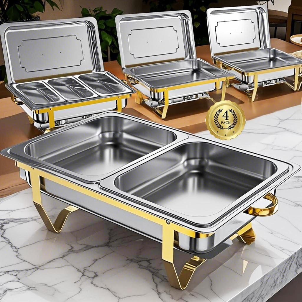 JOHAKYU 4 Pack 8QT Premium Chafing Dish Buffet Set with Rolled - Edge Design - Stainless Steel Chafers and Buffet Warmers for Birthday, Wedding - Silver, 7 Pans Included