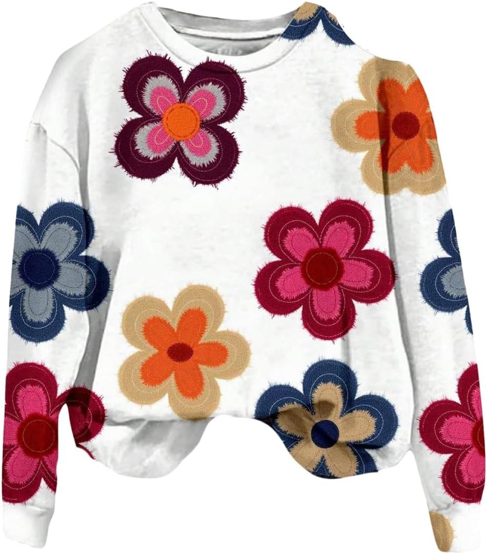 Women's Graphic Crewneck Sweatshirts Floral Long Sleeve Pullover Tops Cute Fall Clothes (White, S)