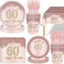 121Pcs 60th Birthday Party Supplies Plates Napkins Cups Forks Tablecloth Rose Gold Happy 60th Birthday Themed Disposable Tableware Decorations Serves 24 Guests for Women 60 Years