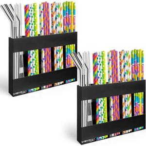 2 PCS Straw Holder for Cabinet Door, 6.5x10 Inch Straws Storage Self-Adhesive Straw Organizer Cabinet Straws Holder for Kitchen Refrigerators, Wall Hanging and Brush Storage-Black