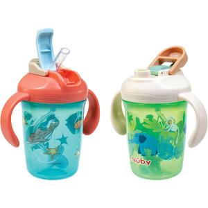 Nuby 2-in-1 Toddler Cup with 360 Weighted Straw & Hard Spout - (2 Pack) 8 oz - Leak-Resistant & Easy Grip Handles - Dishwasher Safe - Jungle/Ocean