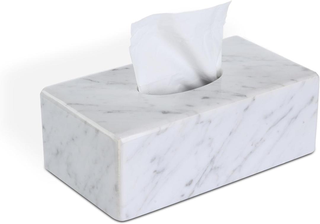 Natural Marble Tissue Box Cover, Carrara White Tissue Organizer 10 x 5.7 x 3.5 inch, Heavy Stone Decorative Box, Rectangle Tissue Box Holder for Home Decor, Kitchen, Bathroom, Bedroom