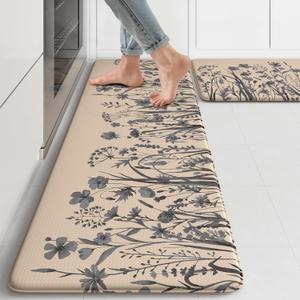 KIMODE Anti Fatigue Kitchen Mats for Floor, Farmhouse Kitchen Rugs Sets of 2, Cushioned Kitchen Floor Mats, Comfort Standing Mat for Sink, Laundry, Office, Desk Brown/Grey 17"x47"+17"x29"