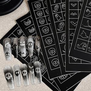 2 x Halloween Airbrush Stencils Nail Sticker, Skull Ghost Bat Nail Art Stickers Nail Stencils Decals, Holiday Design Hollow Nail Guides Decal for Women Decoration DIY Tools 6Pcs (1)
