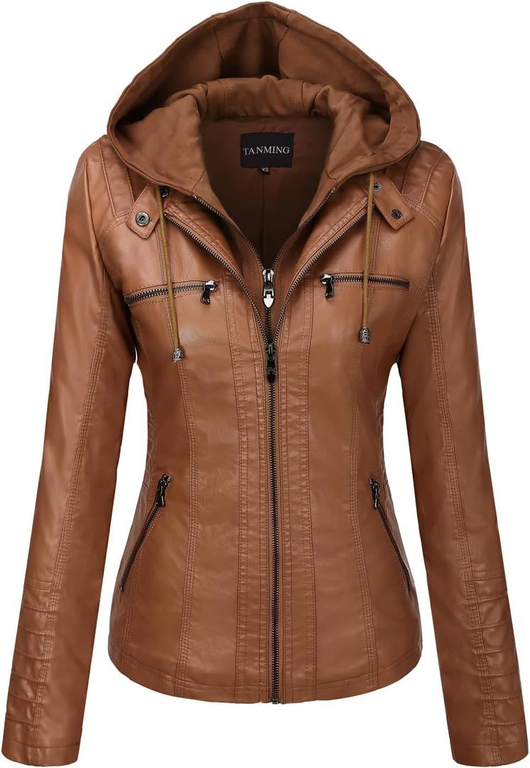 Tanming Womens Faux Leather Jacket Hooded Moto Biker Coat Outerwear Fall Fashion Outfits Winter Clothes (Large, Lightbrown)