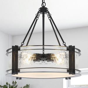 4-Light Black Texture Glass Drum Chandelier, 20.5" Modern Round Light Fixture for Dining Room Bedroom Foyer Living Room Entryway Kitchen