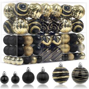 100 Pcs Christmas Ball Ornaments Set, Black and Gold Xmas Tree Decoration, Shatterproof Decorative Hanging Balls with Loop for Christmas Party Holiday Wreath Garland Home Decor